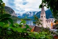 Beautiful landscape view of the Hallstatt from lake Hallstater See, Austria cloudy sky Royalty Free Stock Photo