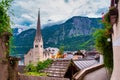 Beautiful landscape view of the Hallstatt from lake Hallstater See, Austria cloudy sky Royalty Free Stock Photo