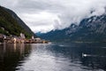 Beautiful landscape view of the Hallstatt from lake Hallstater See, Austria cloudy sky Royalty Free Stock Photo