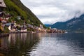 Beautiful landscape view of the Hallstatt from lake Hallstater See, Austria cloudy sky Royalty Free Stock Photo