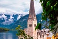 Beautiful landscape view of the Hallstatt from lake Hallstater See, Austria cloudy sky Royalty Free Stock Photo