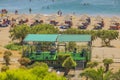 Beautiful landscape view of hotel outdoor gym near bench on coastline. Rhodes.