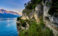 Beautiful landscape. View of Lake Garda and the Ponale trail carved into the rock of the mountain , Riva del Garda,Italy. Popular Royalty Free Stock Photo