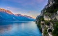 Beautiful landscape. View of Lake Garda and the Ponale trail carved into the rock of the mountain , Riva del Garda,Italy. Popular Royalty Free Stock Photo