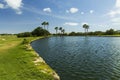 Beautiful landscape. View of lake with palm trees and blue sky with white clouds on background. Aruba island. Royalty Free Stock Photo