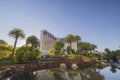 Beautiful landscape view of the Mirage hotel building area on bright summer day. Las Vegas, Nevada,