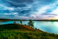 Beautiful landscape view of the mountain lake Turgoyak Russia with summer house Royalty Free Stock Photo