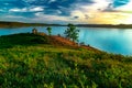 Beautiful landscape view of the mountain lake Turgoyak Russia with summer house Royalty Free Stock Photo