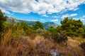 beautiful landscape with a view of the mountains covered with forest on a bright sunny day Royalty Free Stock Photo