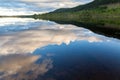 Beautiful landscape view of mountains, forest and cloudy sky reflection in calm water. Royalty Free Stock Photo