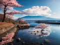 Beautiful landscape view of Mt.Fuji covered with white snow lake and cherry blossom sakura