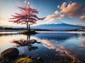 Beautiful landscape view of Mt.Fuji covered with white snow lake and cherry blossom sakura