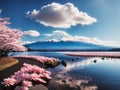 Beautiful landscape view of Mt.Fuji covered with white snow lake and cherry blossom sakura