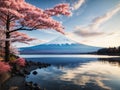 Beautiful landscape view of Mt.Fuji covered with white snow lake and cherry blossom sakura