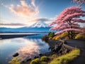 Beautiful landscape view of Mt.Fuji covered with white snow lake and cherry blossom sakura