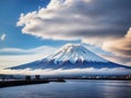 Beautiful landscape view of Mt.Fuji covered with white snow lake and cherry blossom sakura