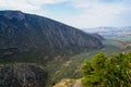 Beautiful landscape view of Parnassus mountain slope valley, green olive groves through Ionian sea with bright blue sky background