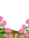 Beautiful Landscape View Pink Flower In Grass Field Hill Cartoon