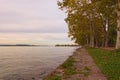 Beautiful landscape view of Plane tree alley in the Lake Balaton during sunset. Famous touristic place Royalty Free Stock Photo