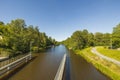 Beautiful landscape view of river with green forest trees on both sides on blue sky background Royalty Free Stock Photo