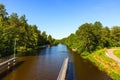 Beautiful landscape view of river with green forest trees on both sides on blue sky background Royalty Free Stock Photo