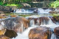 Beautiful landscape view of small waterfall in the river with water stream flowing through stone and green natural in backgrou Royalty Free Stock Photo
