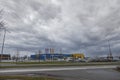 Beautiful landscape view of store and parking lot of IKEA warehouse. Europe.