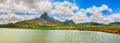 Beautiful landscape. View of a sugarcane and mountains. Mauritius. Panorama Royalty Free Stock Photo