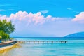 Beautiful landscape view of summer lake Garda in Italy with turquoise water and amazing pink evening clouds Royalty Free Stock Photo