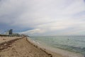 Beautiful landscape view of sunset Miami South Beach coast line. Sand beach, Atlantic Ocean. USA.