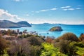 Beautiful landscape view of touristic Gumusluk bay and rabbit island