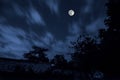 Beautiful landscape village street with buildings and trees and big full moon at the night sky. Big Caucasus . Azerbaijan nature G