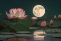 Beautiful landscape of water lilies on a pond under a full moon. AI generated Royalty Free Stock Photo