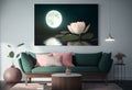 Beautiful landscape of water lilies on a pond under a full moon, a picture on the wall with a stylish room interior. AI Royalty Free Stock Photo