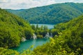 Waterfall and clear green water in the Plitvice Lakes National Park in Croatia. Beautiful world. Royalty Free Stock Photo