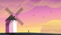 Beautiful landscape with a windmill, vector illustration