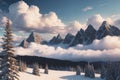beautiful landscape with a winter theme, clouds, forest, mountains, AI generate Royalty Free Stock Photo