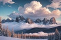 beautiful landscape with a winter theme, clouds, forest, mountains, AI generate Royalty Free Stock Photo