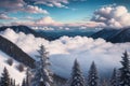 beautiful landscape with a winter theme, clouds, forest, mountains, AI generate Royalty Free Stock Photo