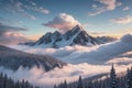 beautiful landscape with a winter theme, clouds, forest, mountains, AI generate Royalty Free Stock Photo