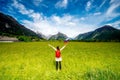 Beautiful landscape with woman holding slovenian flag Royalty Free Stock Photo