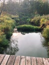 Beautiful landscape with wooden bridge over the river Royalty Free Stock Photo