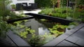 Beautiful landscaped garden with a pond and a black armchair