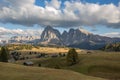 Beautiful Landscapes on Alpe di Siusi with Mountains in background in autumn, South Tyrol, Italy