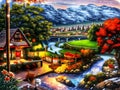 Beautiful landscapes with wooden houses, mountains and waterfalls. Beautiful picture of nature painting.