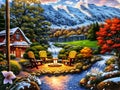 Beautiful landscapes with wooden houses, mountains and waterfalls. Beautiful picture of nature painting.