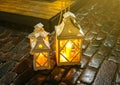 Beautiful lantern lights outdoors. Christmas decorations ideas