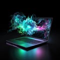 Beautiful Laptop Shape In Green Purple Fire On Black Background Dazzling And Radiant. Generative AI