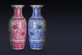 Beautiful large blue and white, red and blue ceramic vases on black and blue background, object, decor, retro, gift, fashion, Royalty Free Stock Photo