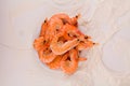 beautiful large boiled tiger prawns on a white plate on the kitchen table Royalty Free Stock Photo